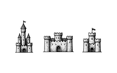 Fototapeta premium Hand drawn medieval castles collection on white background