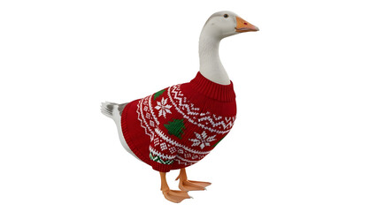 A charming domestic goose dressed in a vibrant red festive winter sweater featuring delightful snowflake and holly patterns standing gracefully © Danyllo