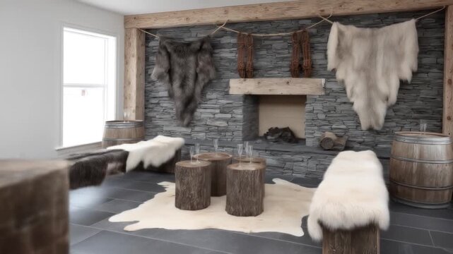 A rustic-themed living space with a stone fireplace, wooden accents, animal hides, and barrel furnishings