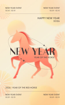 2026 Year of the Red Horse minimal poster design with elegant horse silhouette and sun