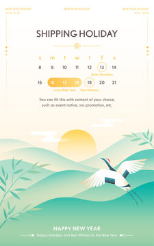 Minimalist Korean New Year Seollal holiday schedule template with flying crane and sun