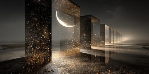 Glowing monoliths stand in a misty, starlit landscape, one framing a crescent moon. The scene blends mystery, cosmic wonder, and silent, ancient grandeur.