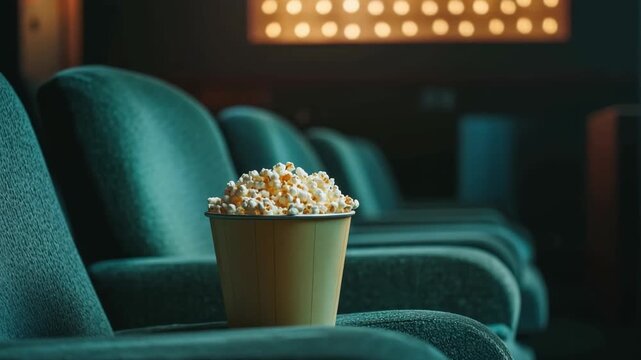 A bucket of popcorn placed on green chair with movie theater, A bucket of popcorn sits on a green chair in a movie theater, ready for an enjoyable film experience