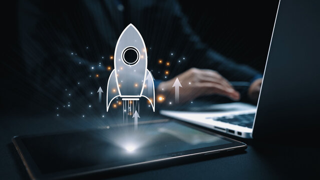 Startup launch and business growth concept, rocket symbolism, entrepreneurship, startup innovation, and early-stage success strategies for new business development and expansion. Elide