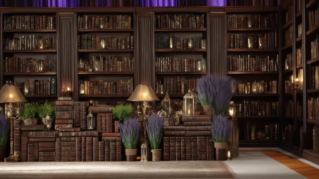 A cozy library scene featuring multiple bookshelves filled with antique books