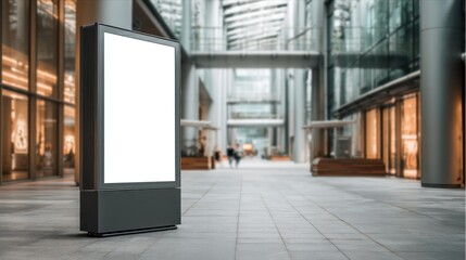 A display board stands in a shopping center with glass walls. People walk through the center carrying bags. The setting is busy during the day. The board has no content on it.