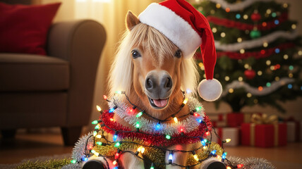 Pony with cheerful mood celebrating Christmas against cozy indoor background with copy space