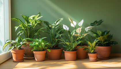 Fototapeta premium Assortment of indoor plants in pots, positioned near window. Plants include greenery. Concept of interior design with indoor plants