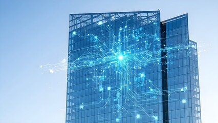 Smart City Network: Futuristic Data Flow on Modern Glass Building Facade, Bright Blue Cyber Technology, Digital Transformation, High-Tech Architecture