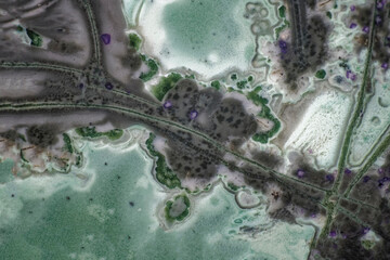 Microphotograph of a polished tinguaite slice. Scale of shooting 10X. Frame width 6 mm