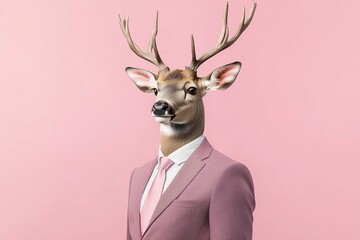 Deer Portrait in Pink Suit on Pastel Background. Creative Concept.
