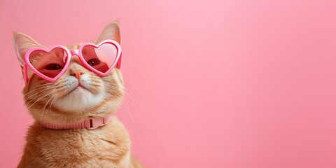 Cute Orange Cat Wearing Heart-Shaped Sunglasses on Pink Background. Banner with Copy Space.