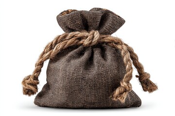 Rustic Pouch of Timeless Treasures: A tightly-knotted rustic pouch, crafted from woven hemp fabric and knotted with a durable rope, evokes a sense of enduring value.