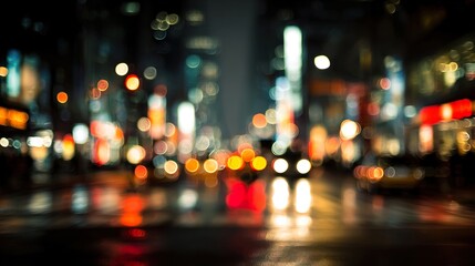 Abstract view of a city street at night with blurred lights reflecting the vibrant urban environment. Blurred background.