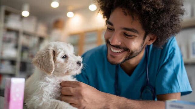 Vet tech interacts with a small puppy in a welcoming clinic setting