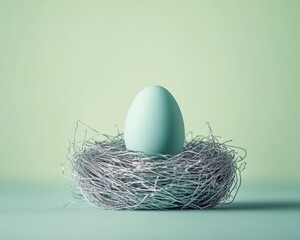 Single Perfect Plain Blue Robin's Egg Resting in Minimalist Silver Thread Nest