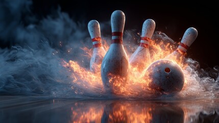 Bowling pins and ball surrounded by flames creating an intense and dynamic sports scene