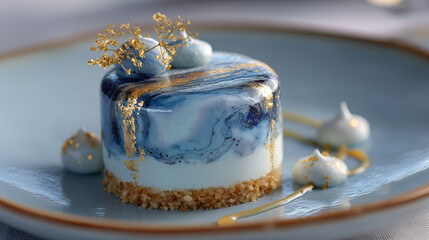 Elegant Blueberry Mousse Cake with Gold Sparkle and Meringue on Blue Plate