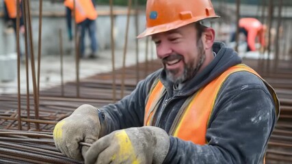a construction worker in gloves handling rebar, A construction worker in gloves is working with rebar, showcasing safety and precision on the job site