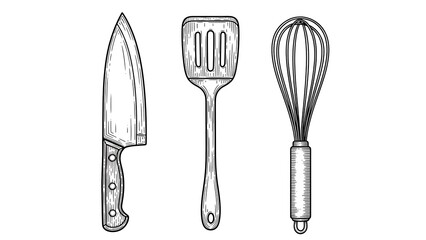 Illustration of kitchen utensils including knife, spatula, and whisk
