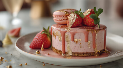 Elegant Pink Strawberry Mousse Cake with Gold Glitter and Macaron Decoration
