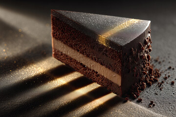 Elegant Chocolate Hazelnut Praline Torte Slice With Golden Sparkle Dust and Dramatic Shadow Play