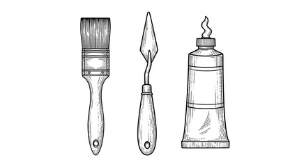 Illustration of art tools illustration including brush, knife, and paint tube