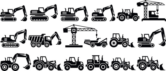 Black construction machinery and heavy equipment icon set