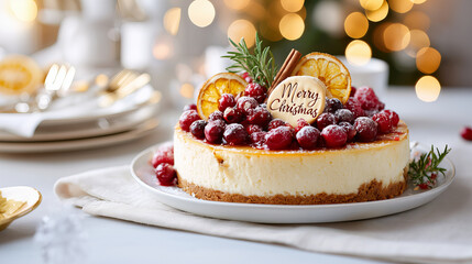 Festive Cranberry Cheesecake Topped With Glistening Berries and Orange Slices With Twinkling Lights