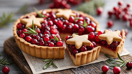 Festive Cranberry Pomegranate Tart Garnished With Star Shaped Cookies And Rosemary On Rustic Wooden