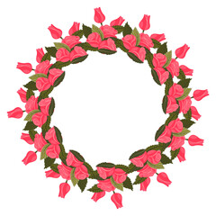 A wreath of bright pink, lovely, graceful, and lush roses and buds for your design. Vector illustration isolated on a white background.