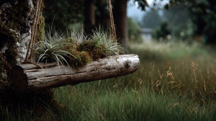 A rustic log hanging from a tree serves as a garden pot for air plants and moss in front of a forest path, with muted greenery and a gray sky.
