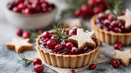 Festive Cranberry Pomegranate Tart with Star Cookies and Rosemary Garnish Close Up