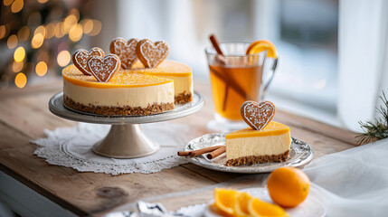 Festive Orange Cheesecake With Heart Shaped Cookies And Hot Drink
