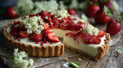 Freshly Baked Strawberry Tart With Golden Crust and Creamy Filling Garnished With Elderflower