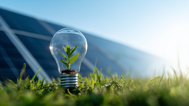 Glass Light Bulb with Green Plant Growth Against Solar Panel Background at Sunrise