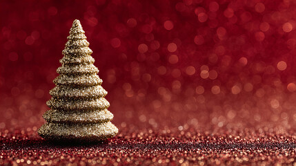 Golden Christmas Tree Miniature Sparkles Red Glitter Background Festive Holiday Celebration Season