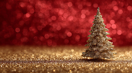 Golden Christmas Tree on Red and Gold Glitter Background with Bokeh Lights