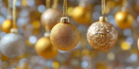 Golden Glittering Christmas Ornaments Hanging With Soft Bokeh Background and Warm Light