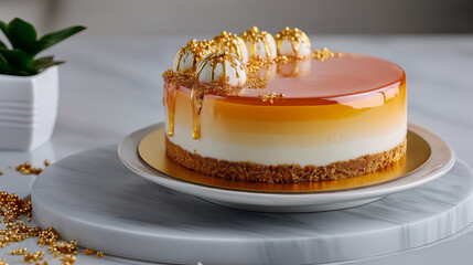 Golden Mango Mousse Cake With Caramel Glaze And Edible Pearls On A Marble Stand