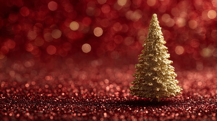 Golden Miniature Christmas Tree on Sparkling Red Bokeh Background Holiday Celebration