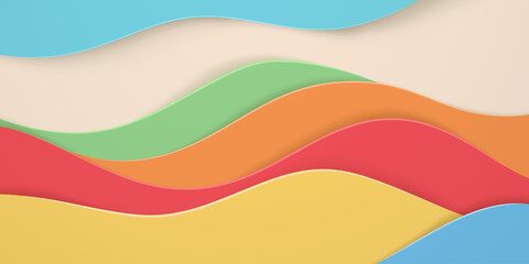 Multicolored wavy layers on a beige background with blue, green, orange, red, and yellow hues.