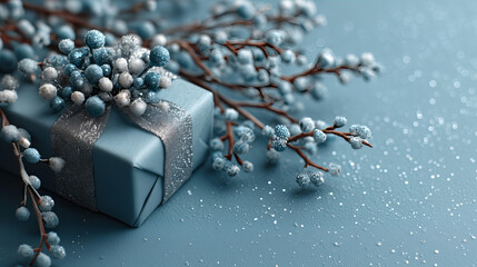 Light Blue Gift Box With Silver Ribbon And Frosty Twigs Decorated With Blue Berries And Glitter