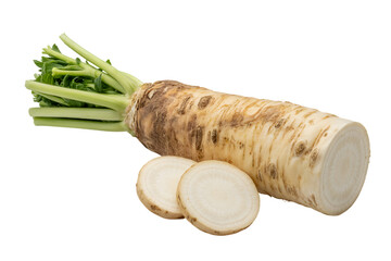 freshly cut horseradish root with two slices . Isolated on transparent background, png