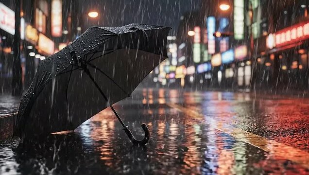 Rainy city street with broken black umbrella on sidewalk