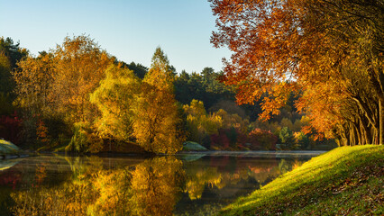 Golden autumn. Morning city riverside park with lush multi-colored foliage and reflection in the calm water of the river. Vibrant colors of October. Beautiful landscape stock photo in 16:9 format