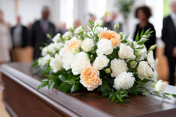 Polished Dark Wooden Coffin With Floral Arrangement In A Somber Ceremony