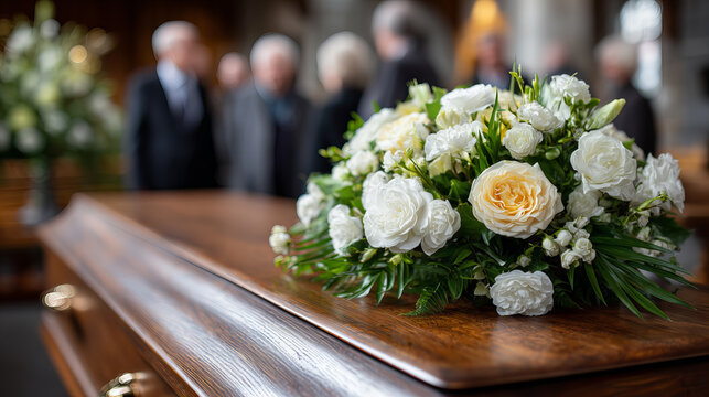 Polished Dark Wooden Coffin with White Flower Arrangement in Church Funeral Service