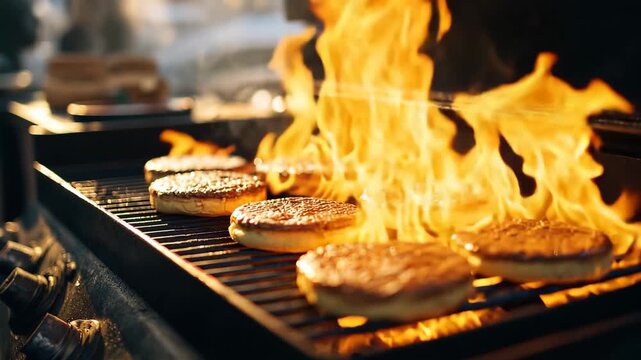 a man puts burger buns on the grill of a gas, A man puts burger buns on the grill of a gas barbecue, getting ready to cook