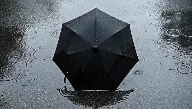 Black umbrella standing alone in rainy urban landscape